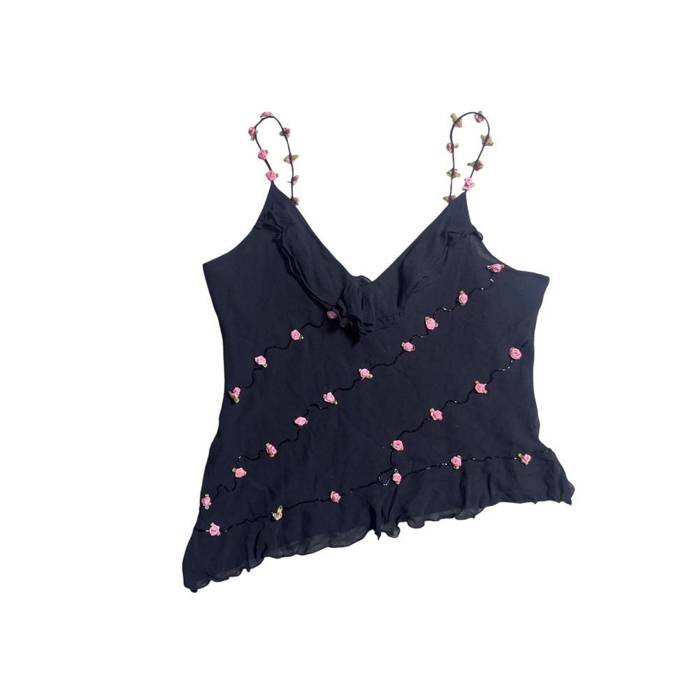 ECI New York 100% Silk Black Floral Cami Pink Rose Applique Ruffle Top Medium